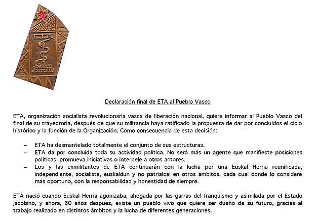 Declaración final de ETA leída por 'Josu Ternera'.