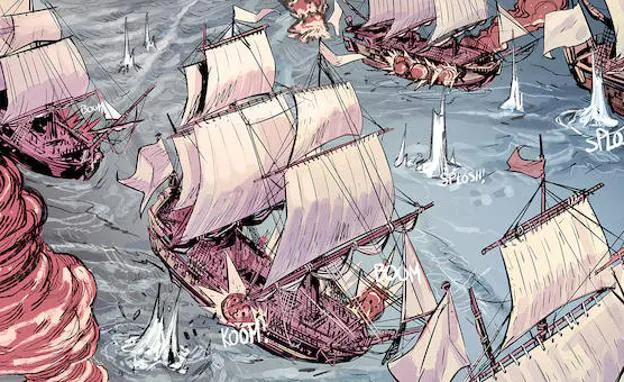 Detalle de una batalla naval dibujada por Guillermo Morrón.