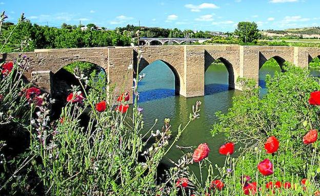 Imagen principal - Arriba, las amapolas enmarcan el puente de Briñas. Abajo a la izquierda, el espectacular meandro del Ebro, flanqueado por viñedos. Abajo a la derecha, Ruinas en Tondón.