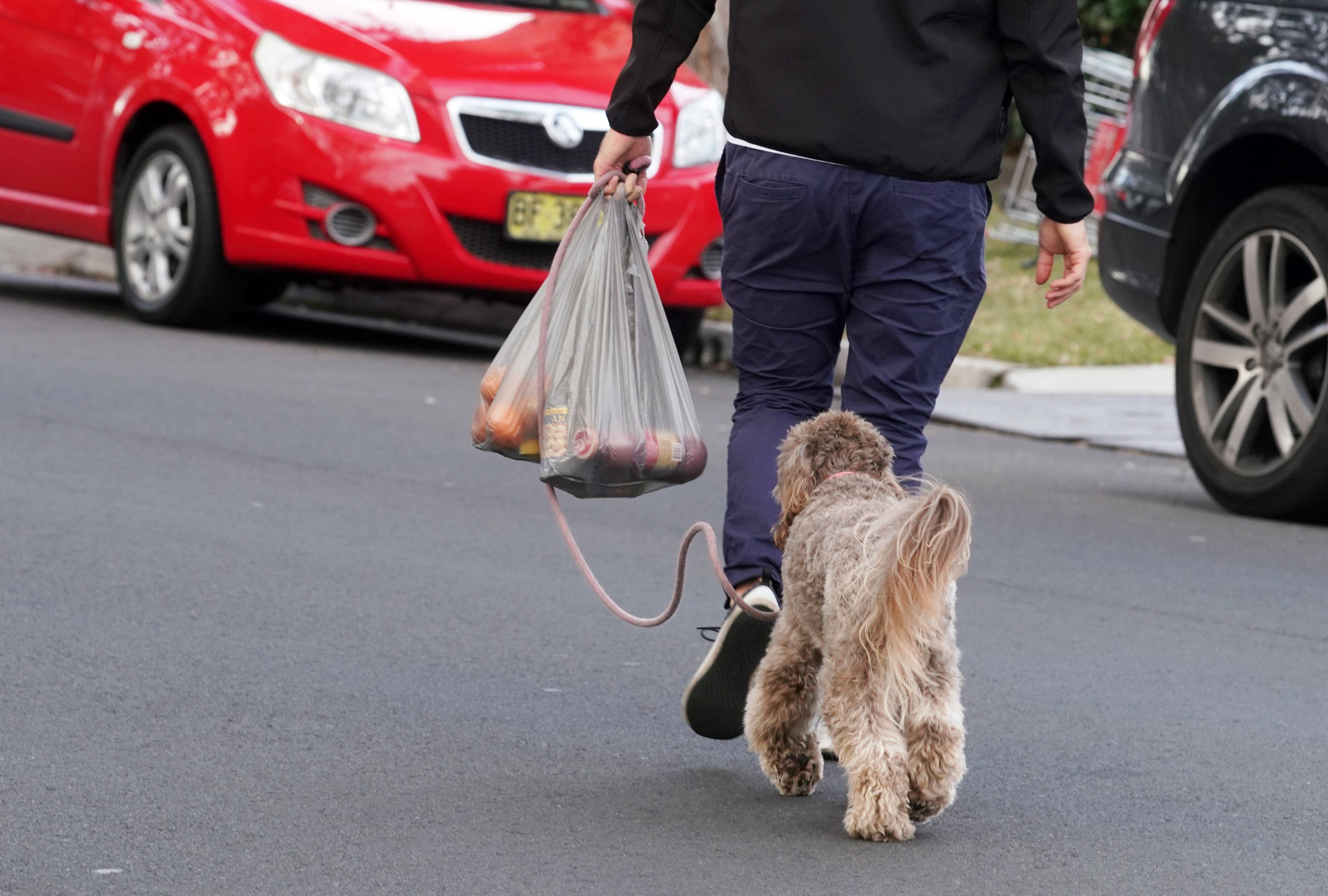 Un cliente sale de un comercio con su compra en bolsas de plástico de un solo uso