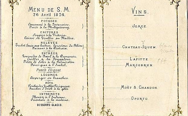 Menú de la cena oficial del 26 de abril de 1876, ofrecida por Alfonso XII al príncipe de Gales.