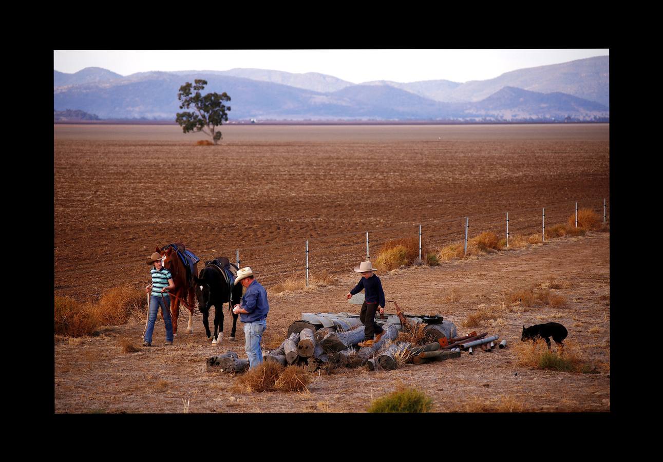 Desde el suelo, la sequía de Australia se ve como una mancha de polvo sin rasgos distintivos. Pero desde el aire, esta tierra que se agrieta bajo un sol abrasador, se transforma en una mezcla de colores y texturas que recuerdan a ciertas pinturas abstractas. La peor sequía que se recuerda está barriendo grandes zonas del país (el 95 % de Nueva Gales del Sur) y ha dejado a los agricultores haciéndose muchas preguntas sobre el futuro. «Las sequías se parecen a un cáncer que te consume, dicen algunos, y cada vez se vuelve más seco, más severo e impacta más en tu vida.»