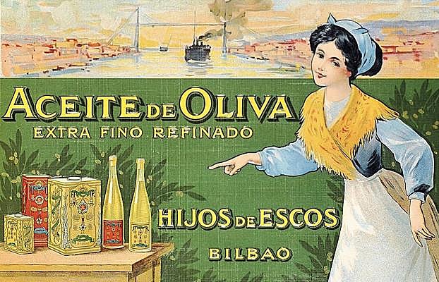 Etiqueta de Aceite Hijos de Escós impresa en 1910. Bibliothèque Mornay (París). 