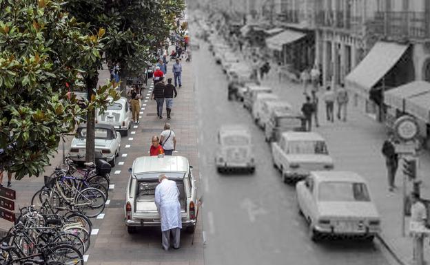 Montaje de dos imágenes de la calle Dato en los años 80 y este viernes en el que los coches han vuelto a esta céntrica vía 38 años después de su 'peatonalización'.