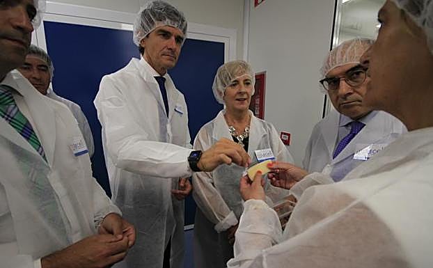 Imanol Pradales, Unai Rementeria, Arantxa Tapia y Jon Darpón atienden a una de las explicaciones en la planta Histocell de Larrabetzu.