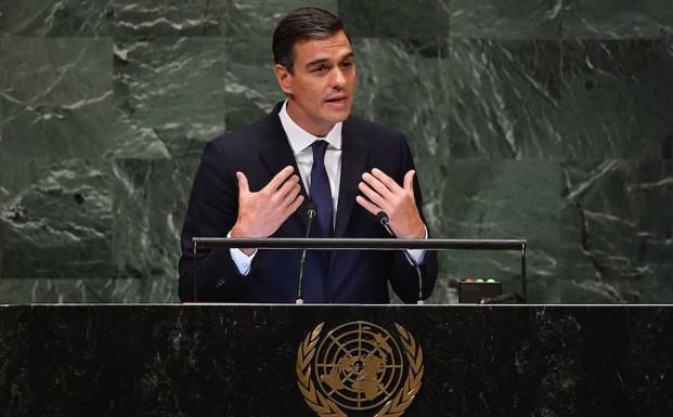 Pedro Sánchez habla en la sede de la ONU. 