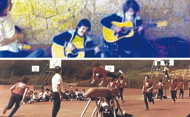 En la foto superior, Breda tocando la guitarra en Izarra. Txus, en la inferior, salta el potro.