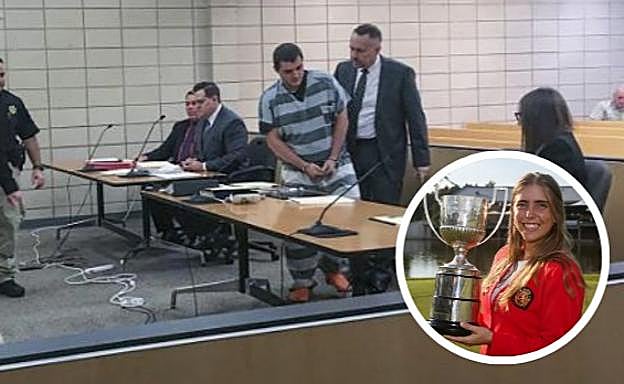 El acusado del asesinato de Barquín, Collin Richards, con uniforme de rayas y junto a su abogado durante la sesión del viernes en el tribunal del Condado de Story. Abajo, Celia Barquín.