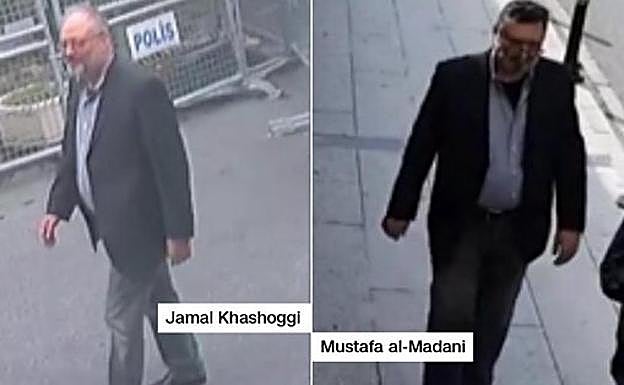 Imagen de Khashoggi entrando en el Consulado de Estambul el día 2. A la derecha, el doble con el que se quizo tapar el asesinato. 