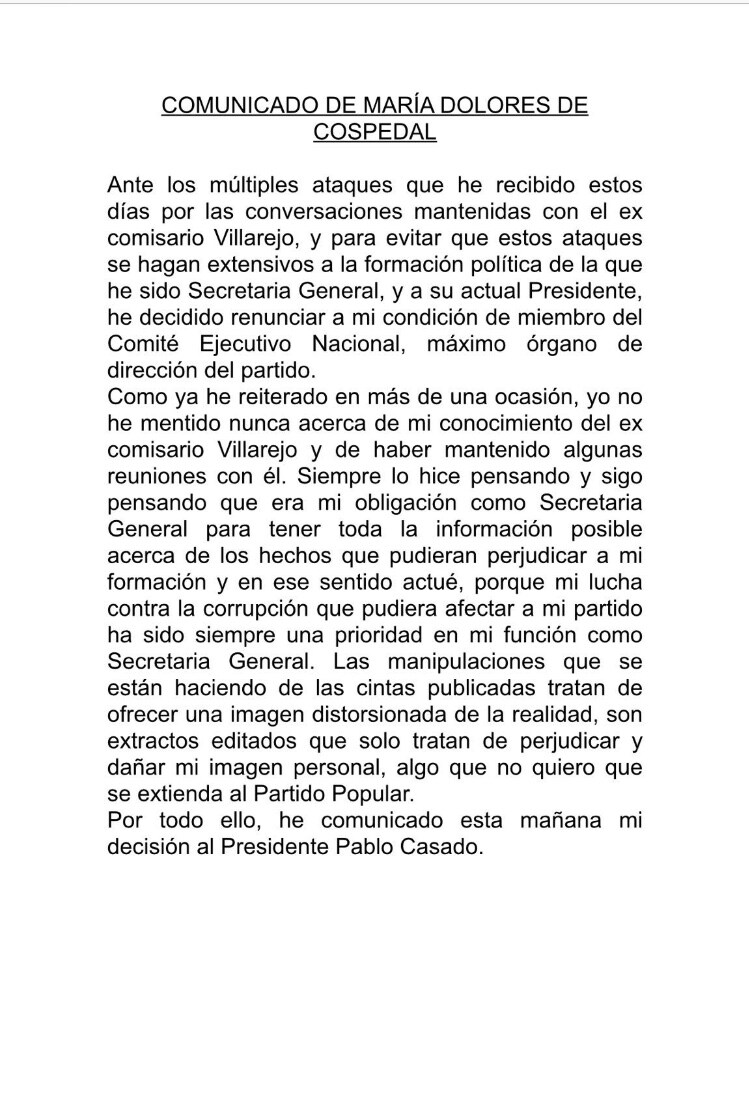 Comunicado de María Dolores de Cospedal.