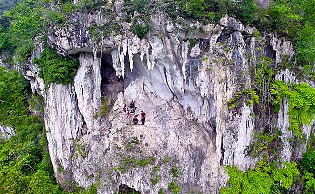 Boca de una de las cuevas, colgada en un macizo en mitad de la jungla.