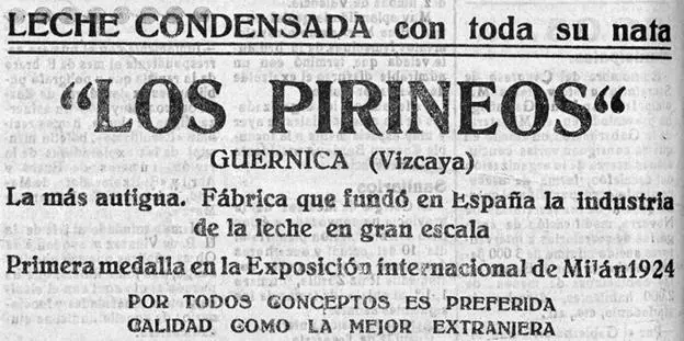Anuncio de leche condensada Los Pirineos en 1928.