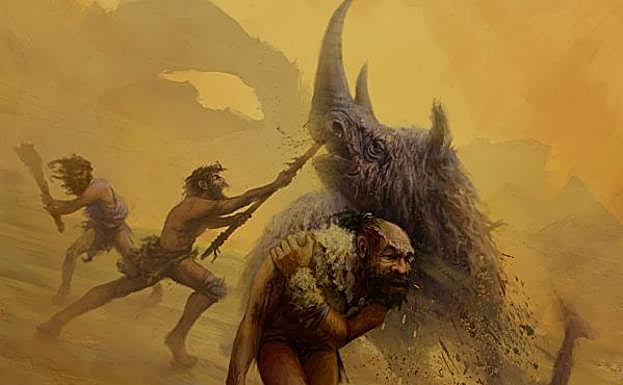Un neandertal se retira herido durante la caza en grupo de un rinoceronte lanudo. 