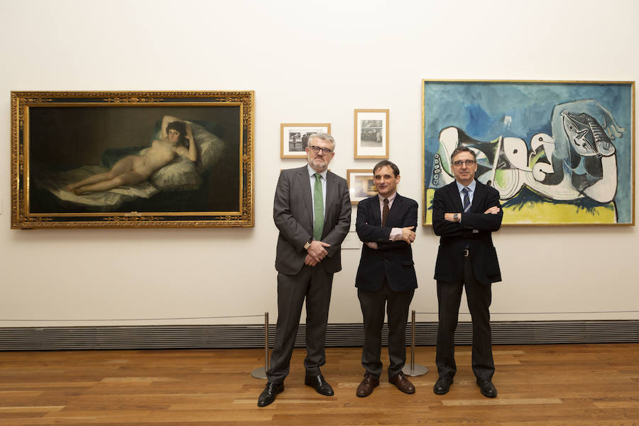 De izquierda a derecha: Miguel Falomir, Director del Museo del Prado; Javier Portús, Jefe de Conservación de Pintura Española (hasta 1700) del Museo del Prado y comisario de la exposición; y Andrés Úbeda, Director Adjunto de Conservación e Investigación del Museo del Prado, en la exposición.