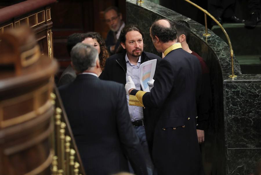 Pablo Iglesias, a su llegada al hemiciclo del Congreso de los Diputados.