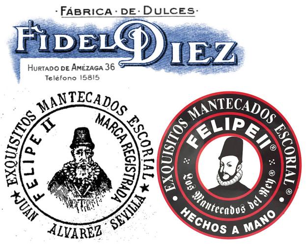 Encabezado de factura de Fidel Díez (Bilbao), marca de fábrica de Juan Álvarez (Sevilla) y logo actual de Mantecados Felipe II.