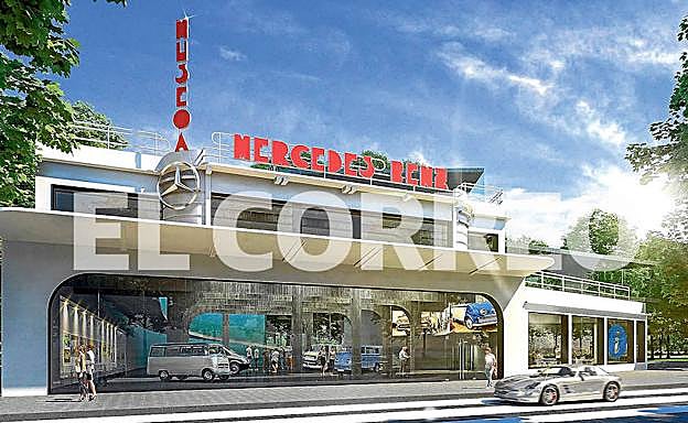 La fachada del museo que proyectaba Mercedes en el edificio Goya respetaba la estructura y la tipografía de las letras de la antigua gasolinera de Cadena y Eleta. 