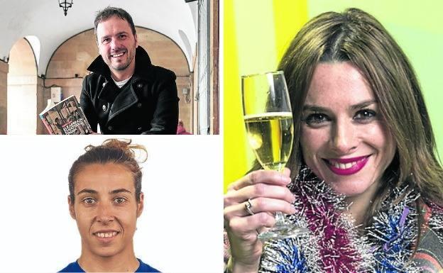 Arriba a la izquierda, el escritor Kirmen Uribe; debajo, la portera del Athletic femenino, Ainhoa Tirapu; y a la derecha, la actriz Begoña Maestre.