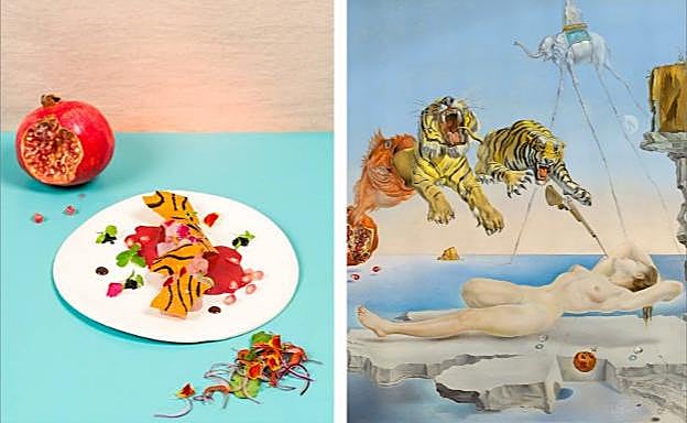 (Salvador Dalí, por Roberto Martínez Foronda. 'Ceviche de gala') La mezcla de «elegancia y sensualidad» de 'Sueño causado por el vuelo de una abeja alrededor de una granada un segundo antes del despertar' deslumbró al joven cocinero madrileño, que lo ha llevado al plato en forma de cabracho y tinta de calamar sobre láminas de boniato para simular la piel del tigre.