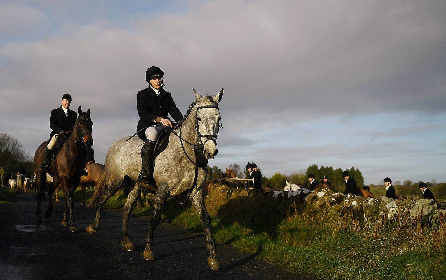 A diferencia de lo que sucede en Gran Bretaña, que mantiene la prohibición desde 2005, la caza del zorro es una actividad legal en los campos de Irlanda (en las fotografías vemos una partida en Kells, al norte de Dublín), y en las fechas navideñas esta tradición se mantiene tal como la practicaban nobles y terratenientes tiempo atrás. La elegancia es obligada tanto para caballos como para jinetes. Guarnicionería pulida, botas lustradas y sombrero y chaquetas rojas o negras, son tan habituales como las crines trenzadas.