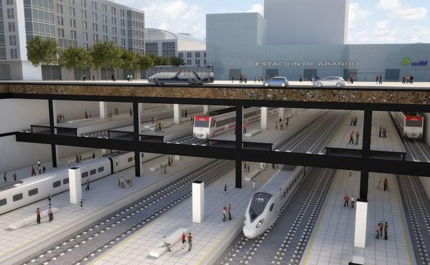 Recreación de la llegada a Bilbao del TAV en la futura estación de Abando.