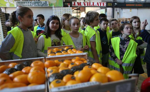 Alumnos de Durango visitan la sección de frutas y verduras de Mercabilbao.