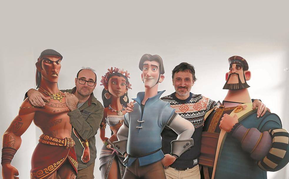 Los creadores de 'Elcano, la primera vuelta al mundo' posan con los personajes de la película. 