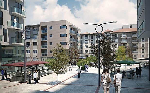 Recreación de la zona con los futuros bloques de viviendas y la plaza reurbanizada. 