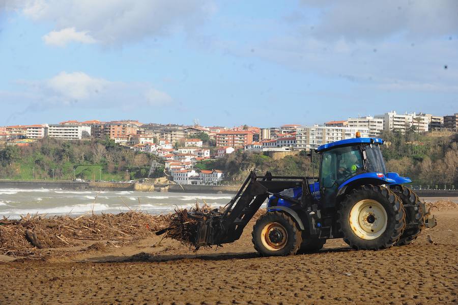 Una excavadora retira la madera acumulada en la playa de Ereaga.