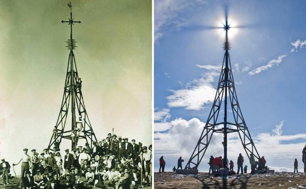 Imágenes de la tercera cruz; a la izquierda, en 1912, junto a los 50 expedicionarios de la primera subida del Club Deportivo Bilbao; a la derecha, la efigie en la actualidad.