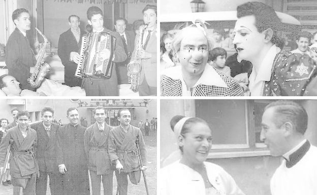 Arriba a la izquierda: Música para los enfermos, 1963. A la derecha: Actuación de los Tonetti. Abajo a la izquierda: El capellán, con dos inválidos de guerra ingresados, hacia 1947. A la derecha: Celia Gámez charla con el capellán del hospital. .