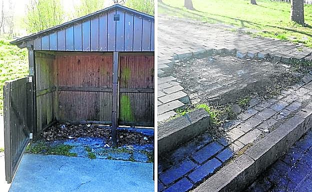 La caseta donde ya no hay contenedores y daños en la escalinata.