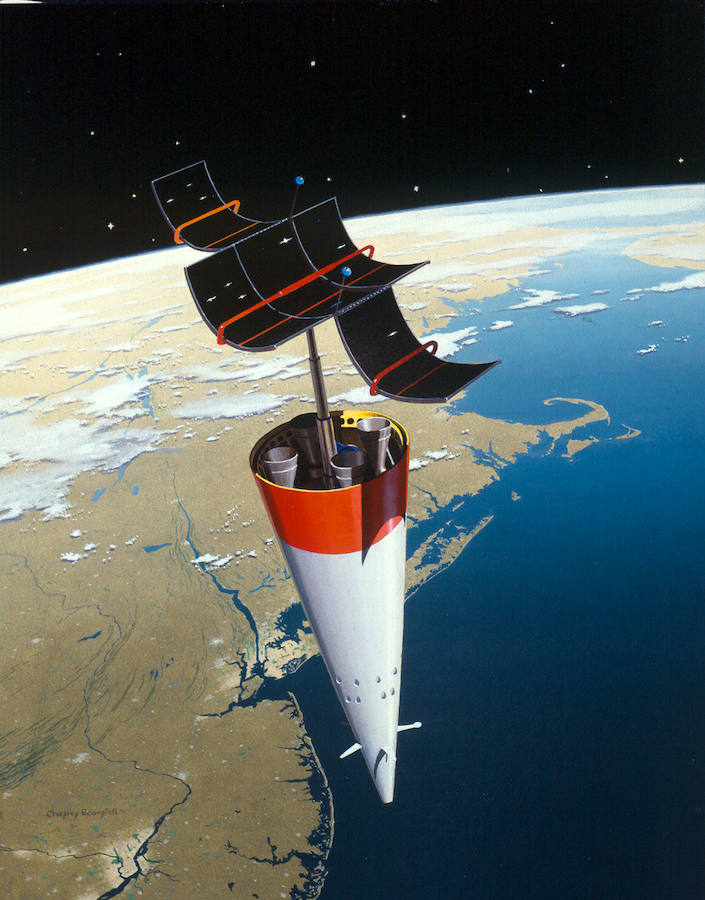 Un satélite artificial en órbita, a unos 300 kilómetros sobre la costa atlántica de Estados Unidos (1953).