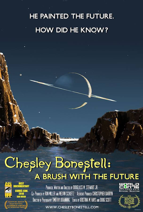 Cartel del documental 'Chesley Bonestell: a brush with the future' (2018), que reutiliza la pintura 'Saturno visto desde Titán'. 