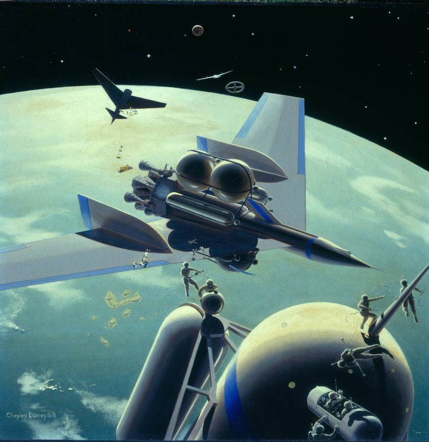 Montaje en órbita terrestre de las naves de una expedición a Marte (1956).