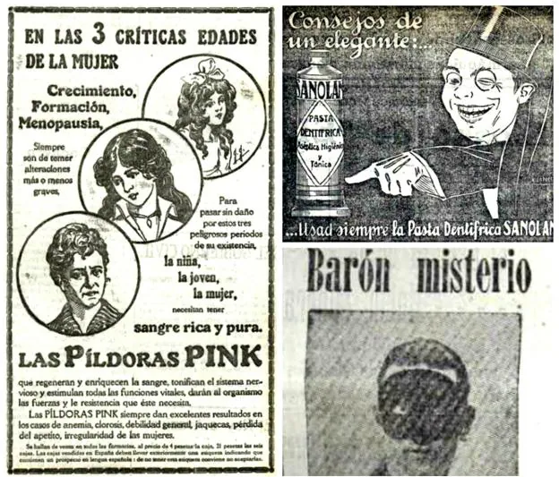 Anuncios de mayo de 1919: las píldoras Pink, el dentífrico Sanolán y las películas del Barón Misterio.