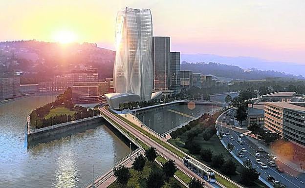 Recreación de la torre de Kutxabank, que finalmente no se levantará, en la punta Sur de la isla.