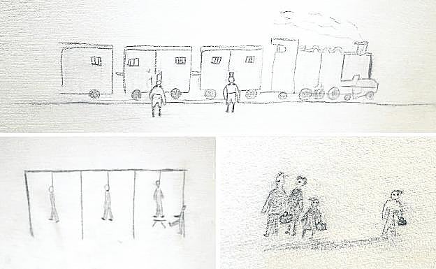 Dibujos de los niños del pabellón infantil de Auschwitz que podrán verse en la exposición. Los trenes hacia los hornos, el exilio y las horcas.