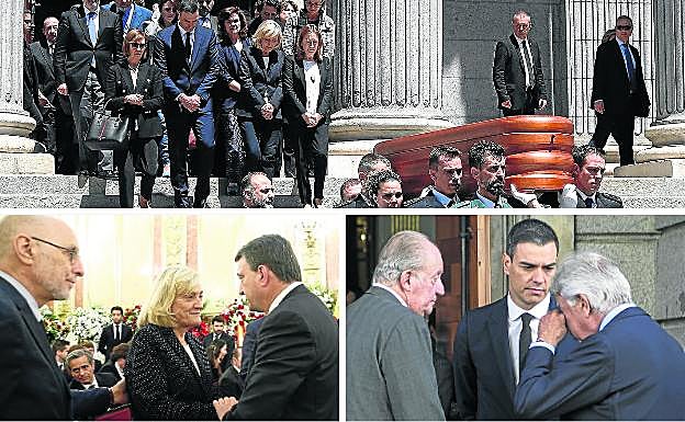Galería. 1. El féretro abandona el Congreso a hombros de agentes de la Guardia Civil y la Policía Nacional. 2. Rodolfo Ares y Aitor Esteban, con la viuda. 3. Felipe González, con lágrimas en los ojos, accede al Congreso junto al Rey emérito y Pedro Sánchez. 