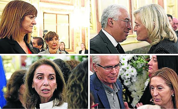 1. La secretaria general del PSE, Idoia Mendia, junto a Begoña Gil, 'número tres' del partido. 2. El primer ministro portugués, António Costa, saluda a Pilar Goya, viuda de Rubalcaba. 3. Ana Belén acudió por la mañana al Congreso. 4. Baltasar Garzón y Ana Pastor, en el velatorio.