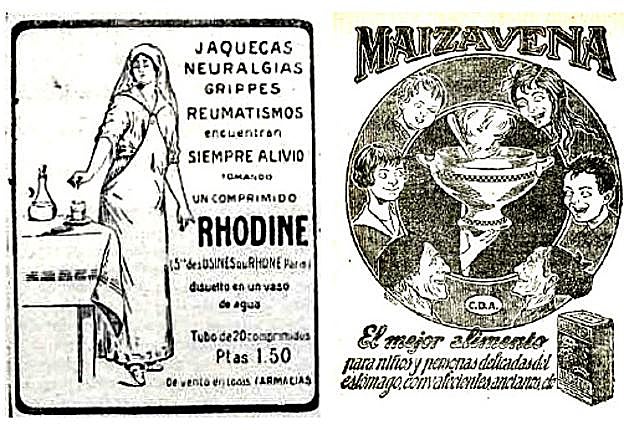 Anuncios de los comprimidos Rhodine y la maizena, publicados en junio de 1919.