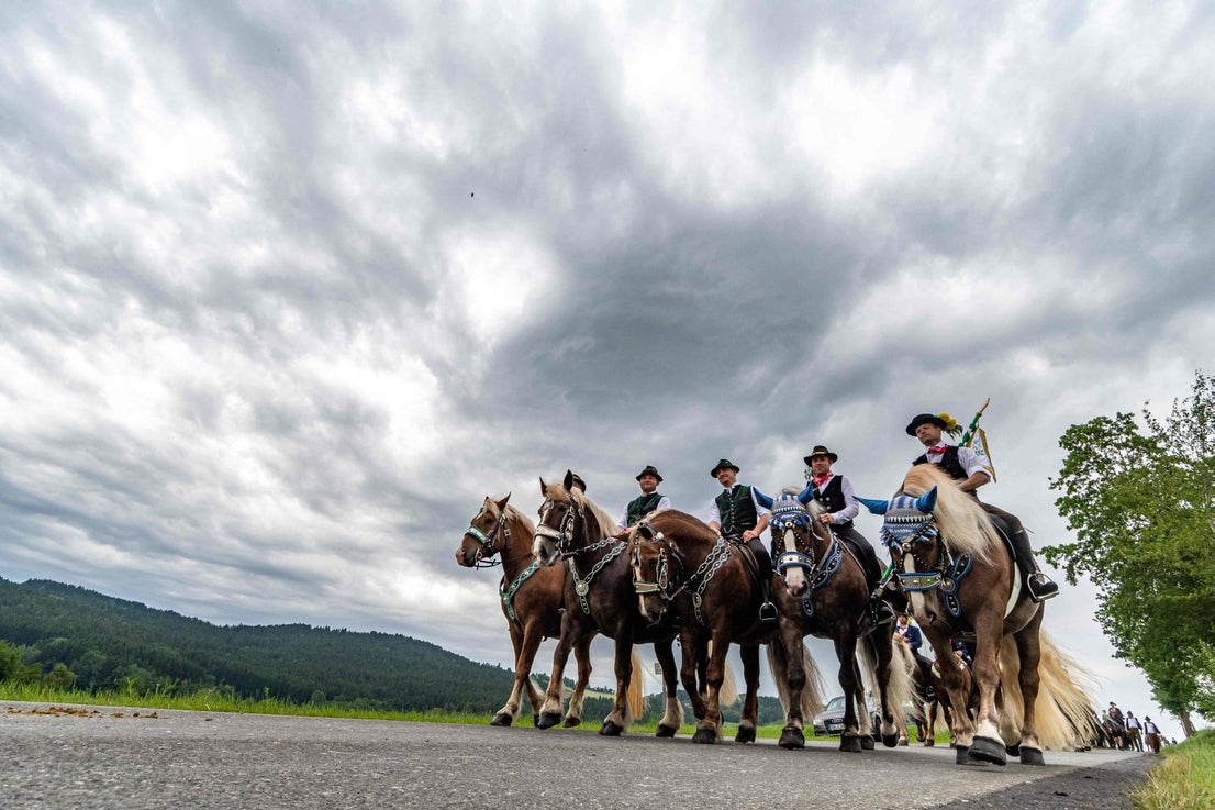 Participantes del tradicional desfile pentecostal (Pfingstritt) montan a caballo cerca del pueblo bávaro de Bad Koetzting, en el sur de Alemania. - Cientos de personas, vestidas con trajes típicos bávaros, participan en el desfile que es una de las procesiones montadas más grandes de Europa, y se remonta al año 1412.