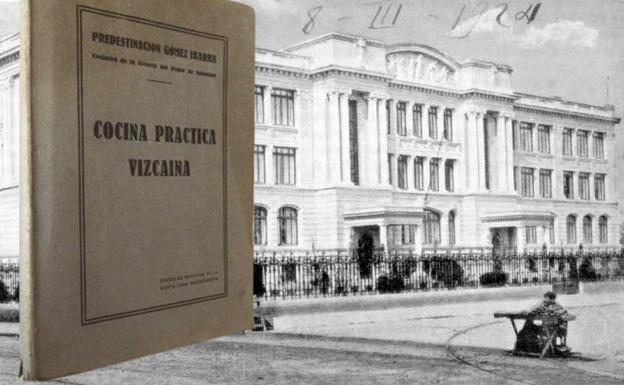 Edificio de las escuelas de Indautxu en 1924 (Auñamendi Eusko Entziklopedia) y portada del recetario.