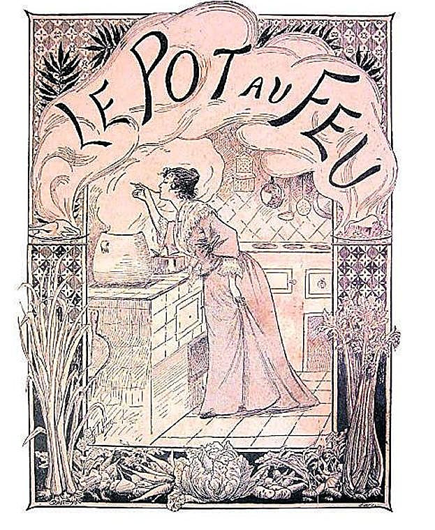 Ilustración. A María Mestayer de Echagüe le gustaba incluir referencias a la gastronomía francesa en sus libros, como esta que correspondía al diario de cocina 'Le pot au feu'. Por entonces, las recetas no iban acompañas de foto en los libros.