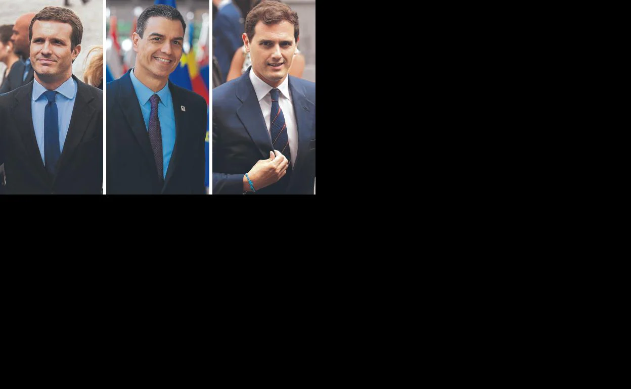 En la UE. Pablo Casado, Pedro Sánchez y Albert Rivera asistieron ayer a diferentes reuniones con motivo de la cumbre de Bruselas.