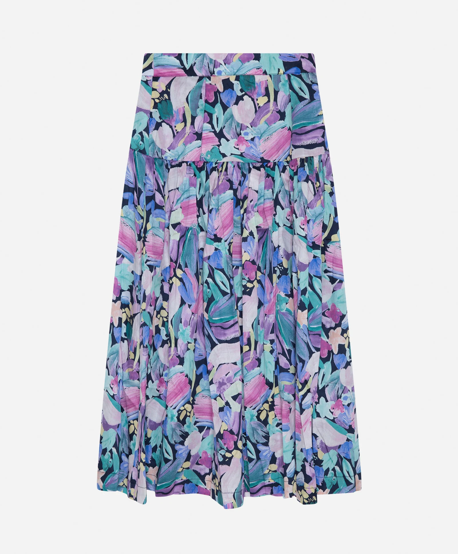 Falda de largo 'midi' con estampado floral en tonos malvas y turquesas, de Oysho (23,99 euros)