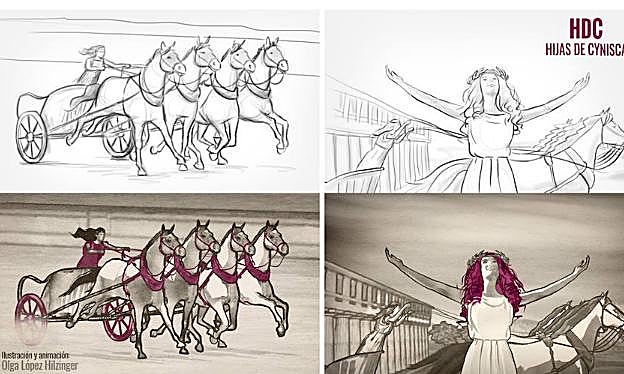 Galería. Las ilustraciones de Olga López relatan la historia de Cynisca, primera mujer en ganar unos Juegos Olímpicos.
