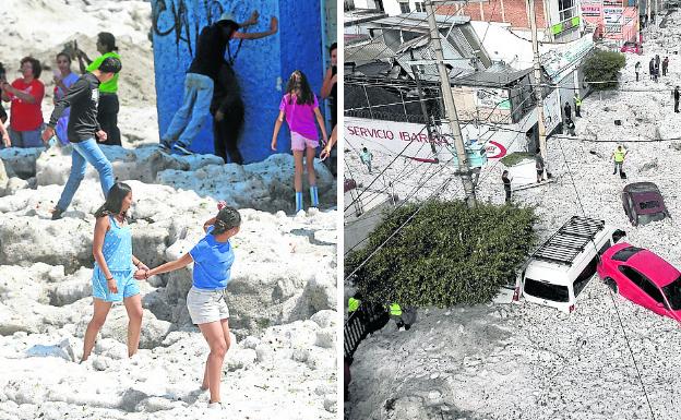 Niños y jóvenes salieron a jugar sobre el hielo que inusualmente cubrió las calles de la ciudad de Guadalajara, en el Estado mexicano de Jalisco.