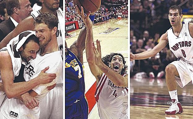 A la izquierda, Splitter se abraza a Ginobili en un partido de la final NBA de 2014, que coronaría campeón a San Antonio. En el medio, Luis Scola, con los Rockets, entre Odom y Pau Gasol, y a la derecha, José Manuel Calderón, como jugador de los Raptors.