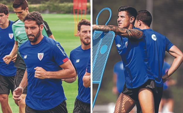 A la izquierda, Raúl García charla con Ibai en una sesión de esta pretemporada. A la derecha, Yuri Berchice.